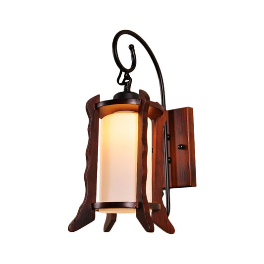 Red Brown Lantern Wall Mount Light Traditional Style 1 Head Wood Sconce Lighting with Milk Glass Shade Clearhalo 'Wall Lamps & Sconces' 'Wall Lights' Lighting' 332588