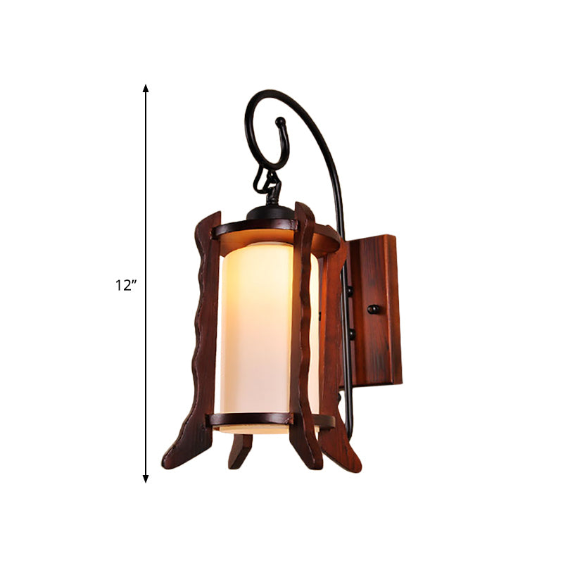 Red Brown Lantern Wall Mount Light Traditional Style 1 Head Wood Sconce Lighting with Milk Glass Shade Clearhalo 'Wall Lamps & Sconces' 'Wall Lights' Lighting' 332589