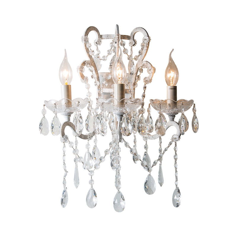 Metal Gold/Distressed White Wall Mounted Light Swooping Arm 3 Lights Lodge Sconce with Crystal Accent Clearhalo 'Wall Lamps & Sconces' 'Wall Lights' Lighting' 332604