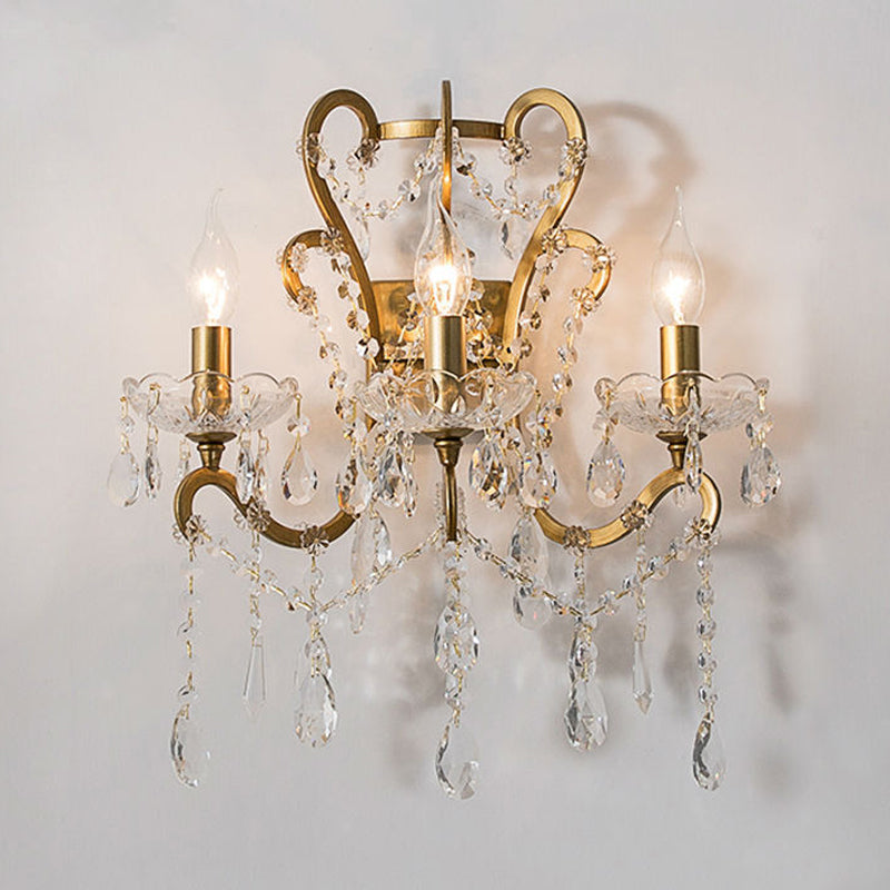 Metal Gold/Distressed White Wall Mounted Light Swooping Arm 3 Lights Lodge Sconce with Crystal Accent Gold Clearhalo 'Wall Lamps & Sconces' 'Wall Lights' Lighting' 332606