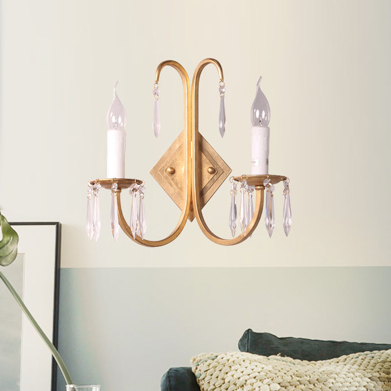 Metallic Candle-Style Wall Lighting Fixture Rustic 2 Lights Dining Room Sconce in Gold with Crystal Droplet Gold Clearhalo 'Wall Lamps & Sconces' 'Wall Lights' Lighting' 332613