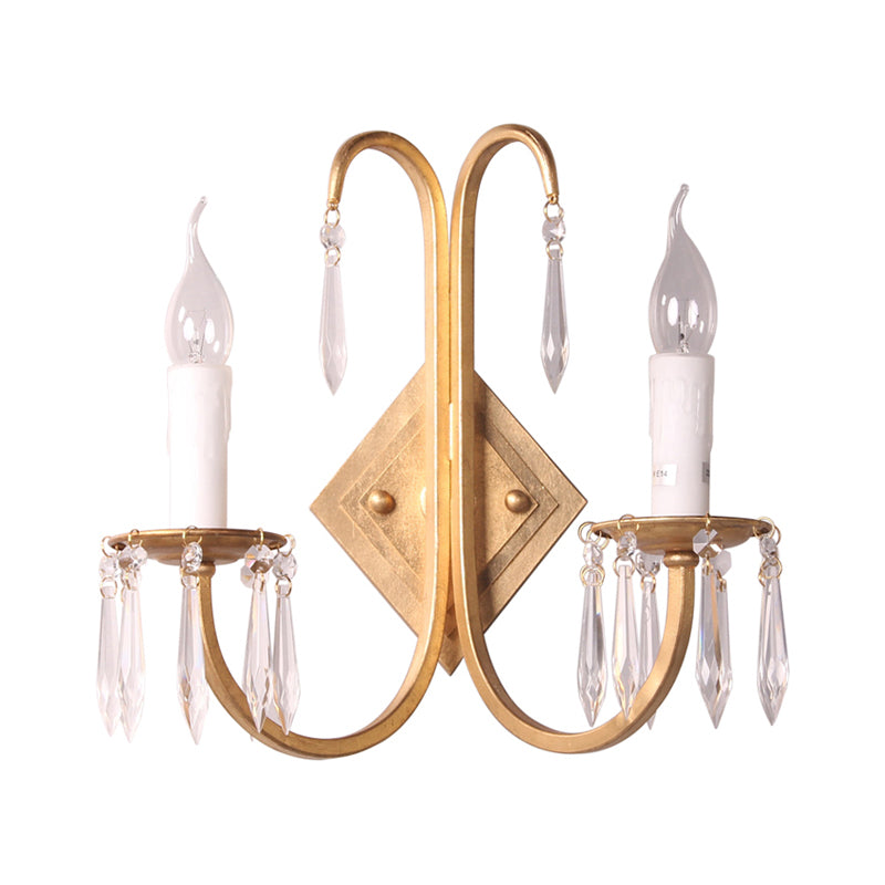 Metallic Candle-Style Wall Lighting Fixture Rustic 2 Lights Dining Room Sconce in Gold with Crystal Droplet Clearhalo 'Wall Lamps & Sconces' 'Wall Lights' Lighting' 332616