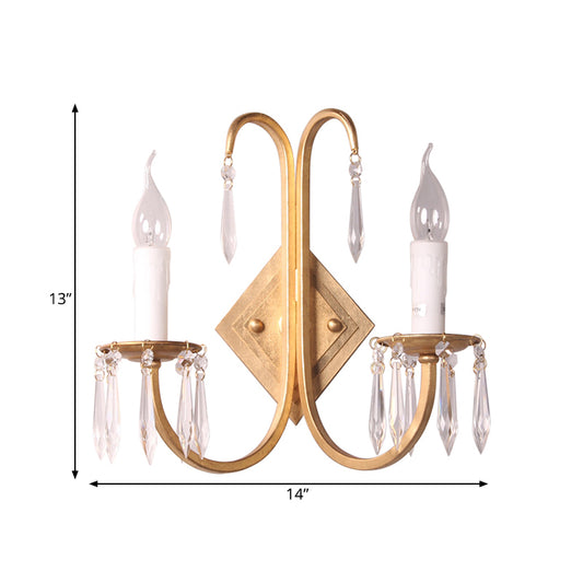 Metallic Candle-Style Wall Lighting Fixture Rustic 2 Lights Dining Room Sconce in Gold with Crystal Droplet Clearhalo 'Wall Lamps & Sconces' 'Wall Lights' Lighting' 332617