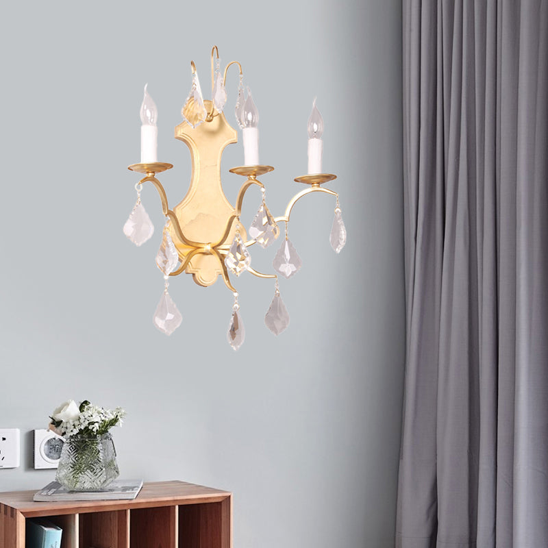 Gold Curvy Sconce Countryside Metallic 3 Lights Living Room Wall Mounted Lamp with Crystal Accent Gold Clearhalo 'Wall Lamps & Sconces' 'Wall Lights' Lighting' 332618