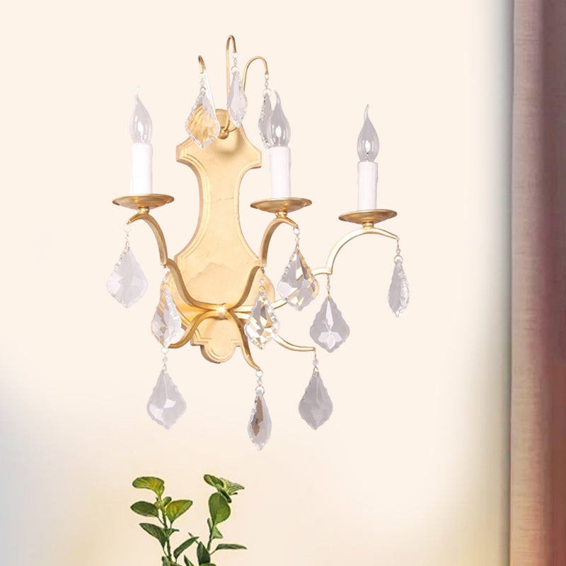 Gold Curvy Sconce Countryside Metallic 3 Lights Living Room Wall Mounted Lamp with Crystal Accent Clearhalo 'Wall Lamps & Sconces' 'Wall Lights' Lighting' 332619