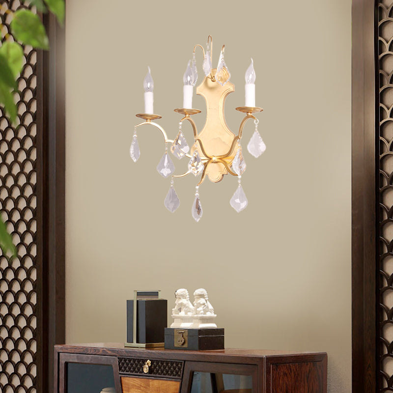 Gold Curvy Sconce Countryside Metallic 3 Lights Living Room Wall Mounted Lamp with Crystal Accent Clearhalo 'Wall Lamps & Sconces' 'Wall Lights' Lighting' 332620