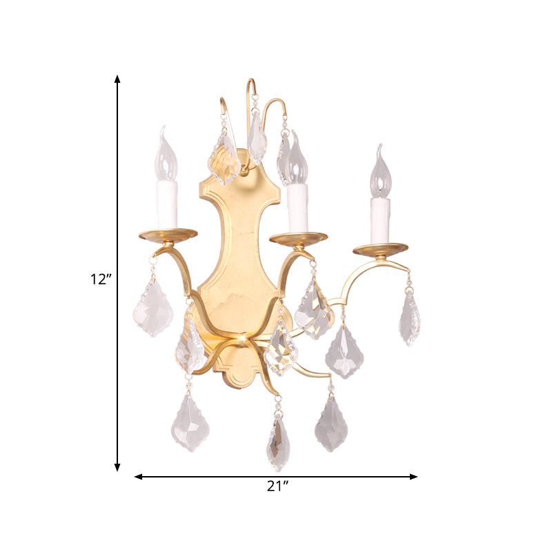 Gold Curvy Sconce Countryside Metallic 3 Lights Living Room Wall Mounted Lamp with Crystal Accent Clearhalo 'Wall Lamps & Sconces' 'Wall Lights' Lighting' 332622