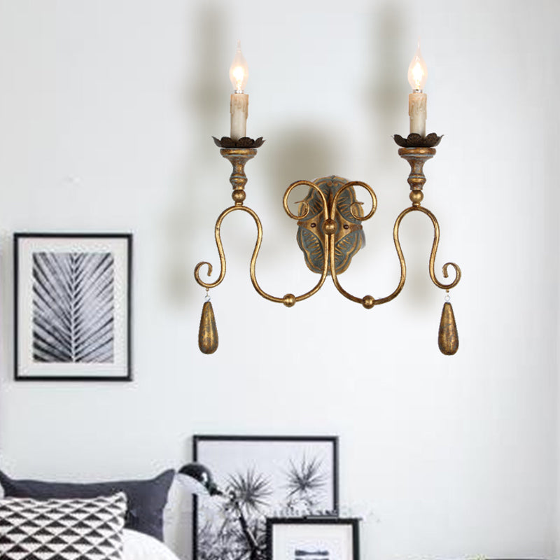 Candle Bedroom Vanity Sconce Light Countryside Metal 2 Lights White/Gold Wall Mounted Lamp Gold Clearhalo 'Wall Lamps & Sconces' 'Wall Lights' Lighting' 332628