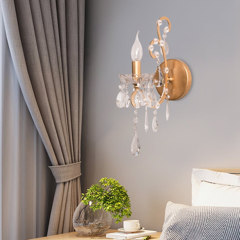 Candle-Style Metal Sconce Light Rustic 1 Light Living Room Wall Lighting Fixture in Silver/Gold with Crystal Droplet Gold Clearhalo 'Wall Lamps & Sconces' 'Wall Lights' Lighting' 332646