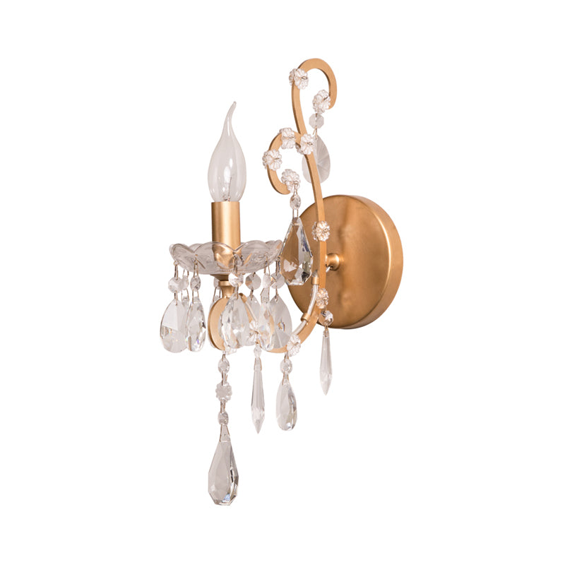 Candle-Style Metal Sconce Light Rustic 1 Light Living Room Wall Lighting Fixture in Silver/Gold with Crystal Droplet Clearhalo 'Wall Lamps & Sconces' 'Wall Lights' Lighting' 332649