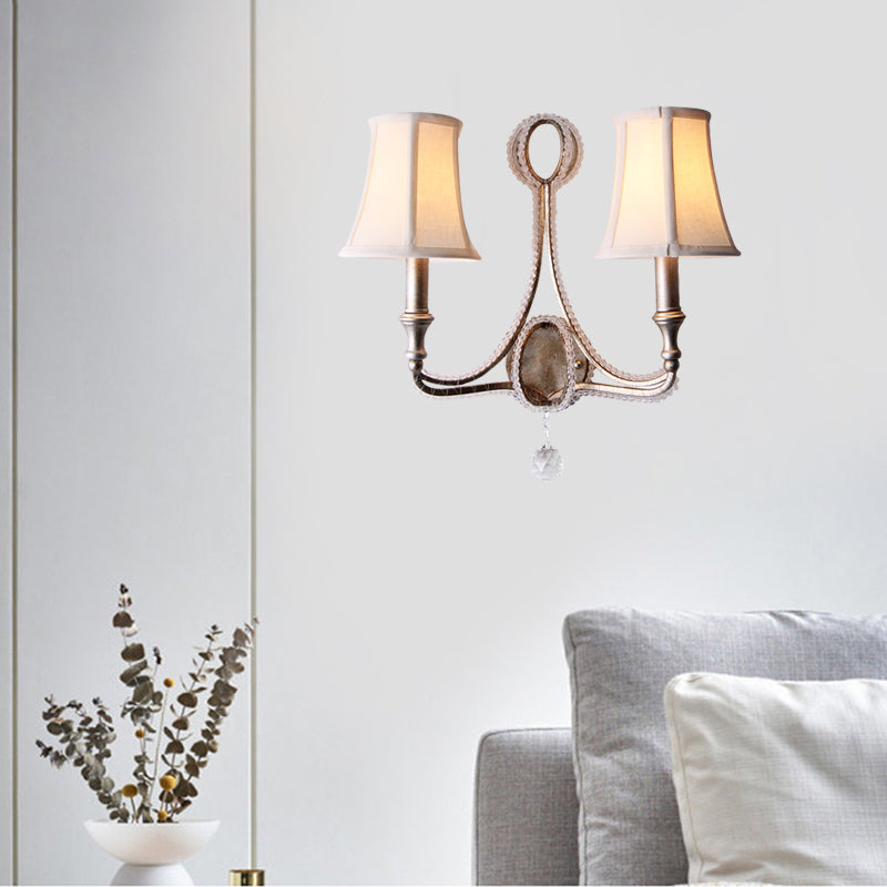 Empire Shade Fabric Wall Mounted Light Rustic 1/2 Lights Bedroom Sconce Light Fixture in White/Aged Silver Clearhalo 'Wall Lamps & Sconces' 'Wall Lights' Lighting' 332660