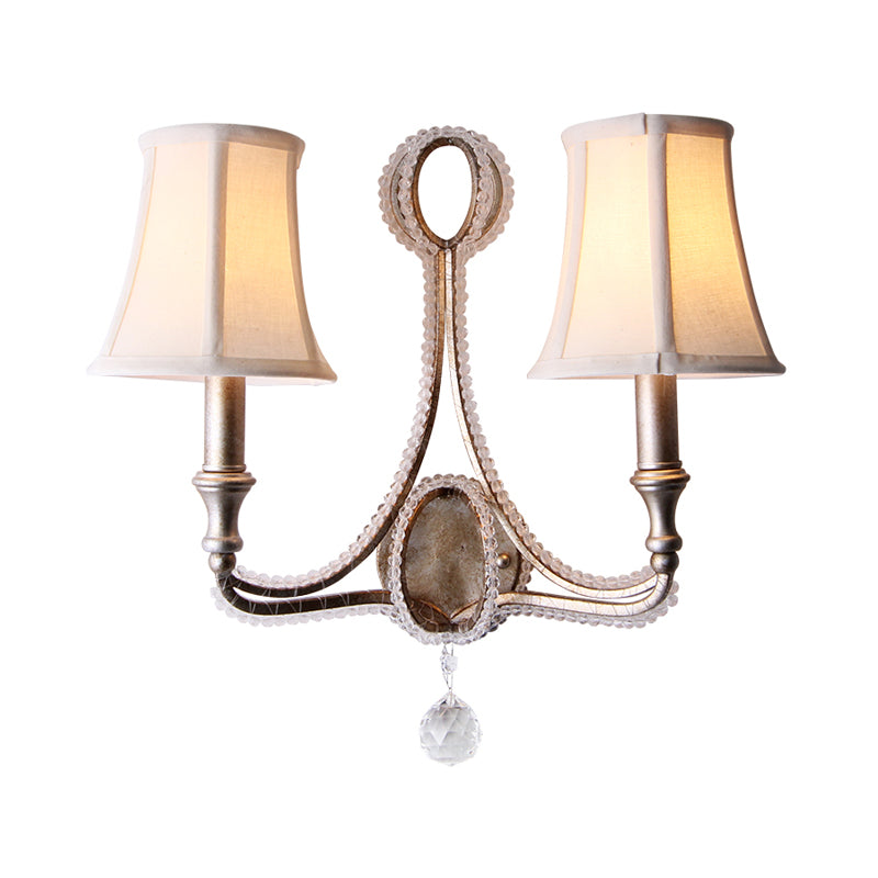 Empire Shade Fabric Wall Mounted Light Rustic 1/2 Lights Bedroom Sconce Light Fixture in White/Aged Silver Clearhalo 'Wall Lamps & Sconces' 'Wall Lights' Lighting' 332661