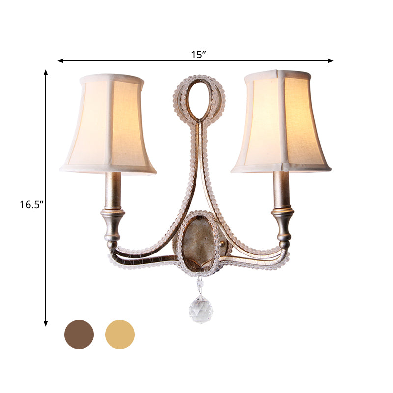 Empire Shade Fabric Wall Mounted Light Rustic 1/2 Lights Bedroom Sconce Light Fixture in White/Aged Silver Clearhalo 'Wall Lamps & Sconces' 'Wall Lights' Lighting' 332662