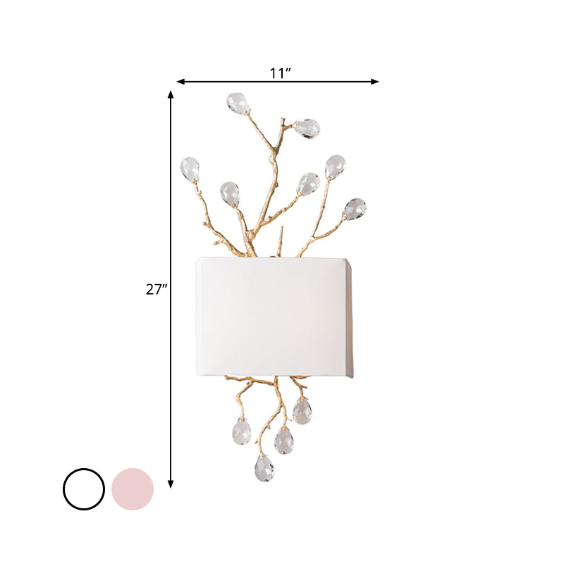 Rectangle Bedroom Wall Mounted Lamp Classic Fabric 2 Lights Brass Sconce with Pink/Clear Crystal Accent Clearhalo 'Wall Lamps & Sconces' 'Wall Lights' Lighting' 332673