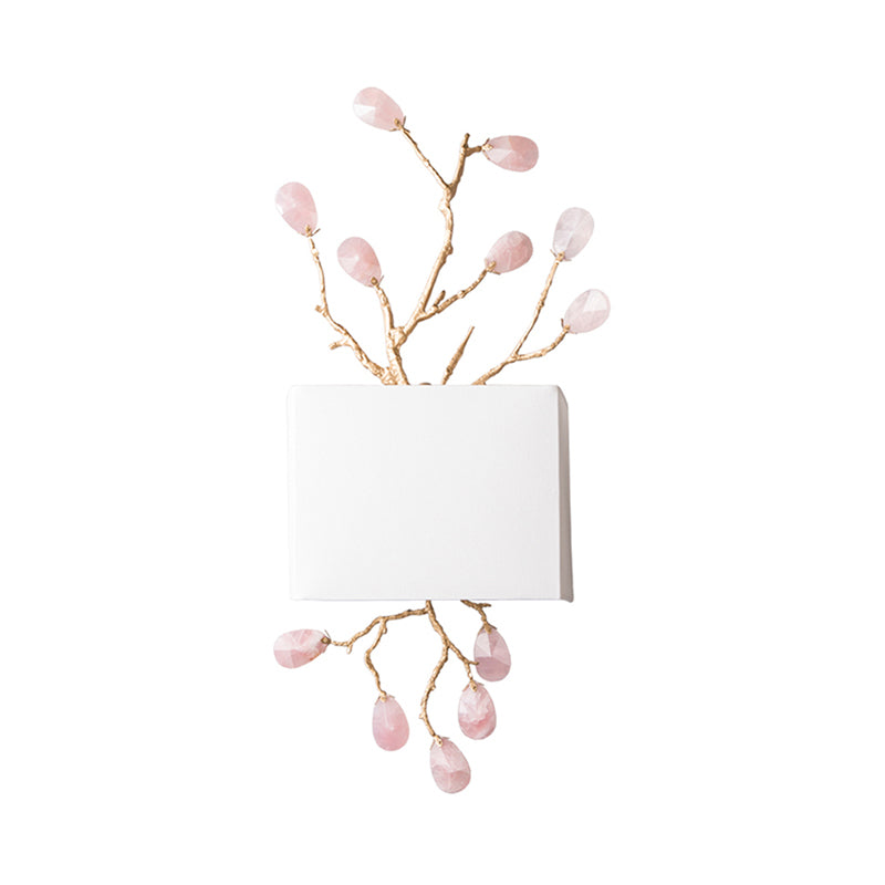 Rectangle Bedroom Wall Mounted Lamp Classic Fabric 2 Lights Brass Sconce with Pink/Clear Crystal Accent Pink Clearhalo 'Wall Lamps & Sconces' 'Wall Lights' Lighting' 332674