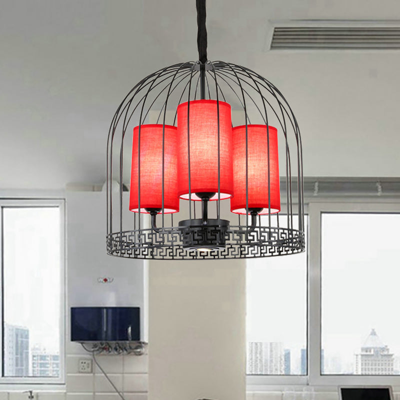 Traditional Birdcage Chandelier Light Metal 3/5 Lights Restaurant Black/Gold Ceiling Lamp with Red Fabric Cylinder Shade Clearhalo 'Ceiling Lights' 'Chandeliers' Lighting' options 332682