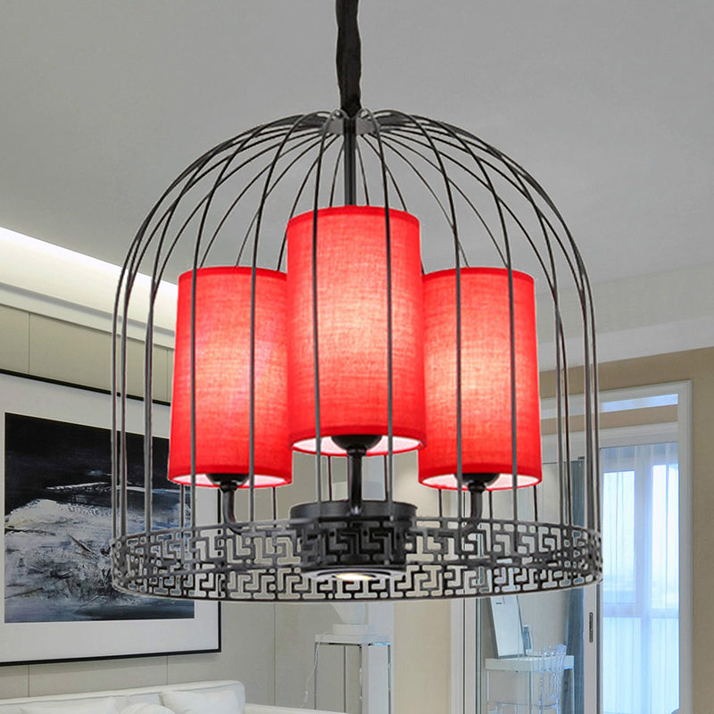 Traditional Birdcage Chandelier Light Metal 3/5 Lights Restaurant Black/Gold Ceiling Lamp with Red Fabric Cylinder Shade Clearhalo 'Ceiling Lights' 'Chandeliers' Lighting' options 332683