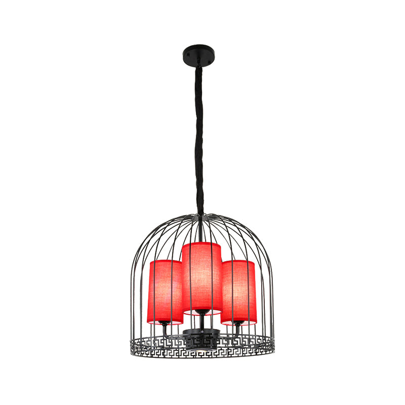 Traditional Birdcage Chandelier Light Metal 3/5 Lights Restaurant Black/Gold Ceiling Lamp with Red Fabric Cylinder Shade Clearhalo 'Ceiling Lights' 'Chandeliers' Lighting' options 332685