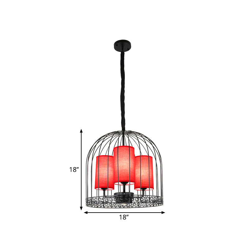 Traditional Birdcage Chandelier Light Metal 3/5 Lights Restaurant Black/Gold Ceiling Lamp with Red Fabric Cylinder Shade Clearhalo 'Ceiling Lights' 'Chandeliers' Lighting' options 332686