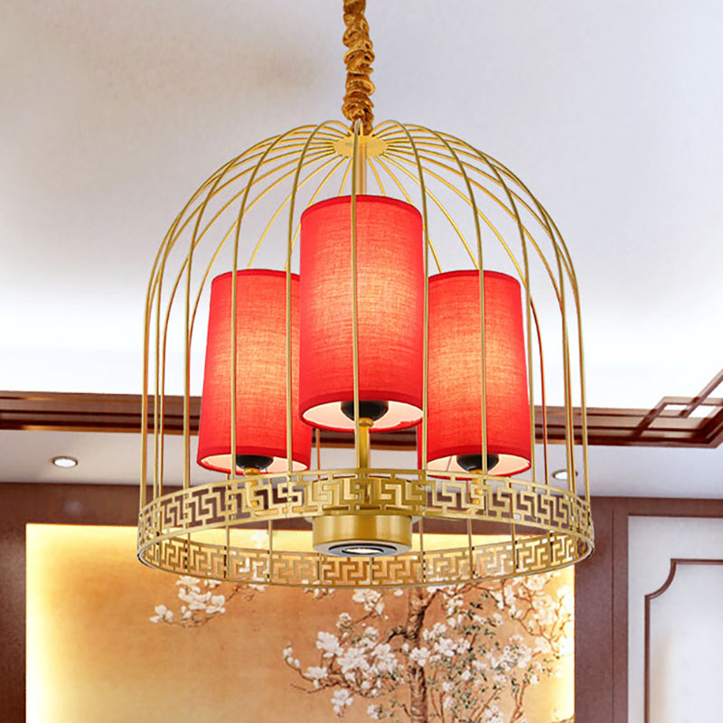 Traditional Birdcage Chandelier Light Metal 3/5 Lights Restaurant Black/Gold Ceiling Lamp with Red Fabric Cylinder Shade Clearhalo 'Ceiling Lights' 'Chandeliers' Lighting' options 332688