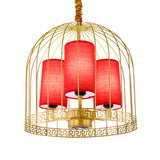 Traditional Birdcage Chandelier Light Metal 3/5 Lights Restaurant Black/Gold Ceiling Lamp with Red Fabric Cylinder Shade Clearhalo 'Ceiling Lights' 'Chandeliers' Lighting' options 332690