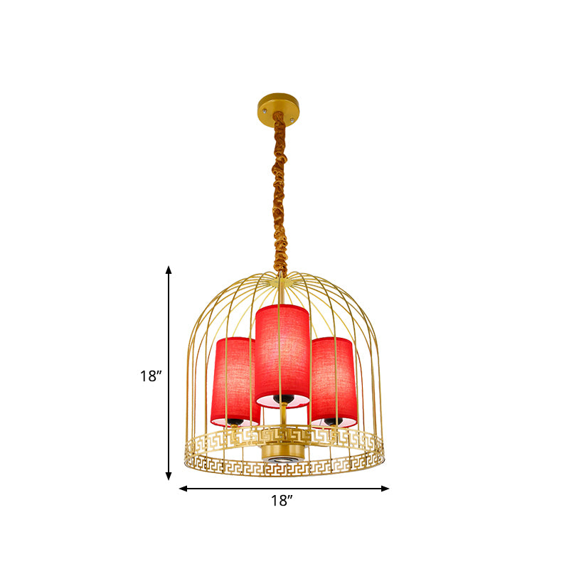 Traditional Birdcage Chandelier Light Metal 3/5 Lights Restaurant Black/Gold Ceiling Lamp with Red Fabric Cylinder Shade Clearhalo 'Ceiling Lights' 'Chandeliers' Lighting' options 332691