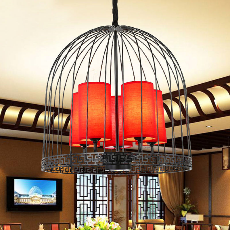 Traditional Birdcage Chandelier Light Metal 3/5 Lights Restaurant Black/Gold Ceiling Lamp with Red Fabric Cylinder Shade Clearhalo 'Ceiling Lights' 'Chandeliers' Lighting' options 332692