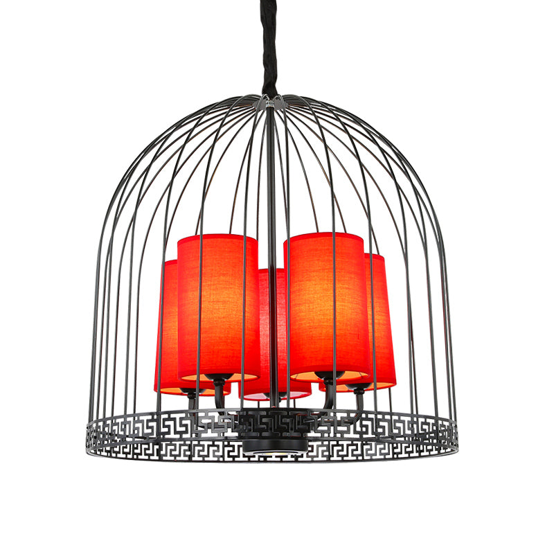 Traditional Birdcage Chandelier Light Metal 3/5 Lights Restaurant Black/Gold Ceiling Lamp with Red Fabric Cylinder Shade Clearhalo 'Ceiling Lights' 'Chandeliers' Lighting' options 332694