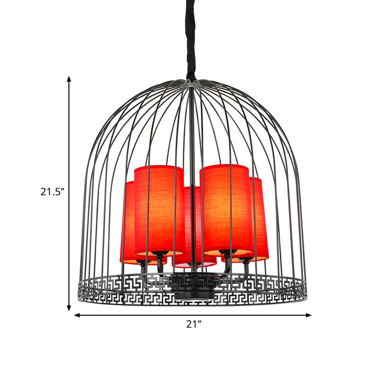 Traditional Birdcage Chandelier Light Metal 3/5 Lights Restaurant Black/Gold Ceiling Lamp with Red Fabric Cylinder Shade Clearhalo 'Ceiling Lights' 'Chandeliers' Lighting' options 332695