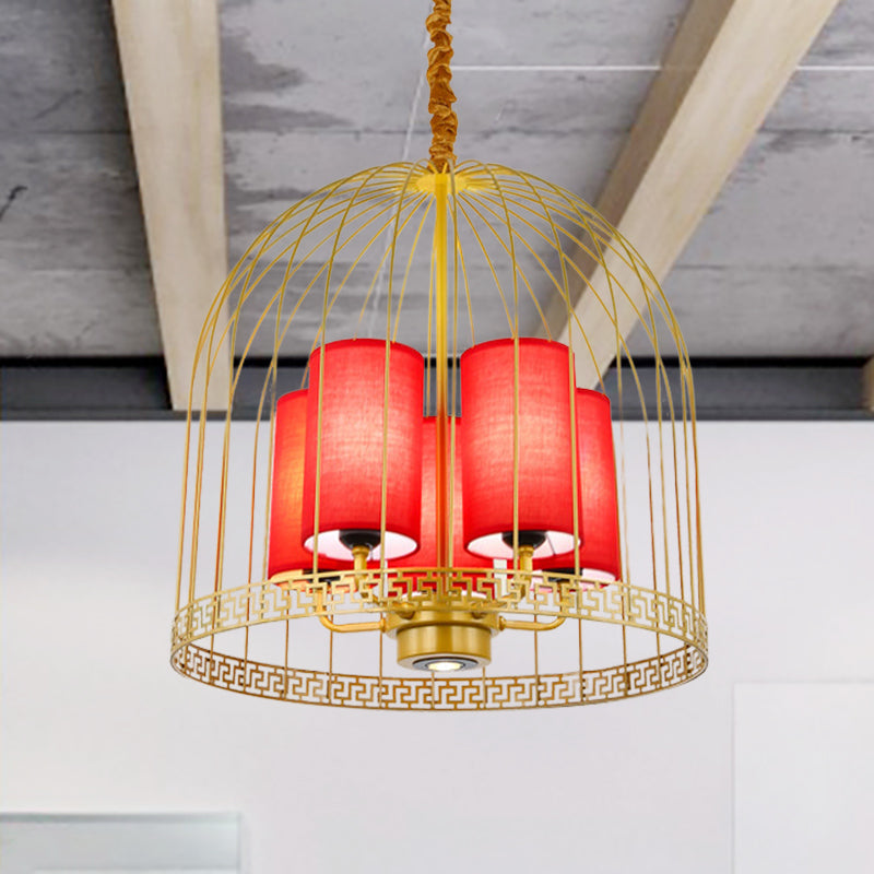 Traditional Birdcage Chandelier Light Metal 3/5 Lights Restaurant Black/Gold Ceiling Lamp with Red Fabric Cylinder Shade Clearhalo 'Ceiling Lights' 'Chandeliers' Lighting' options 332697