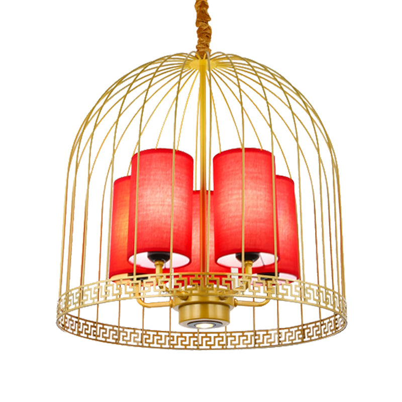 Traditional Birdcage Chandelier Light Metal 3/5 Lights Restaurant Black/Gold Ceiling Lamp with Red Fabric Cylinder Shade Clearhalo 'Ceiling Lights' 'Chandeliers' Lighting' options 332699