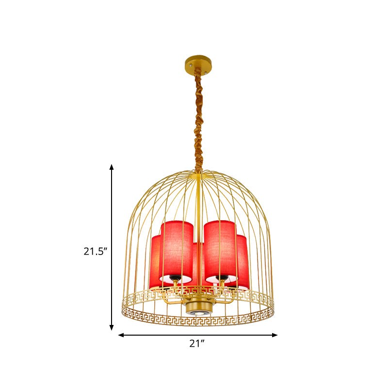 Traditional Birdcage Chandelier Light Metal 3/5 Lights Restaurant Black/Gold Ceiling Lamp with Red Fabric Cylinder Shade Clearhalo 'Ceiling Lights' 'Chandeliers' Lighting' options 332700