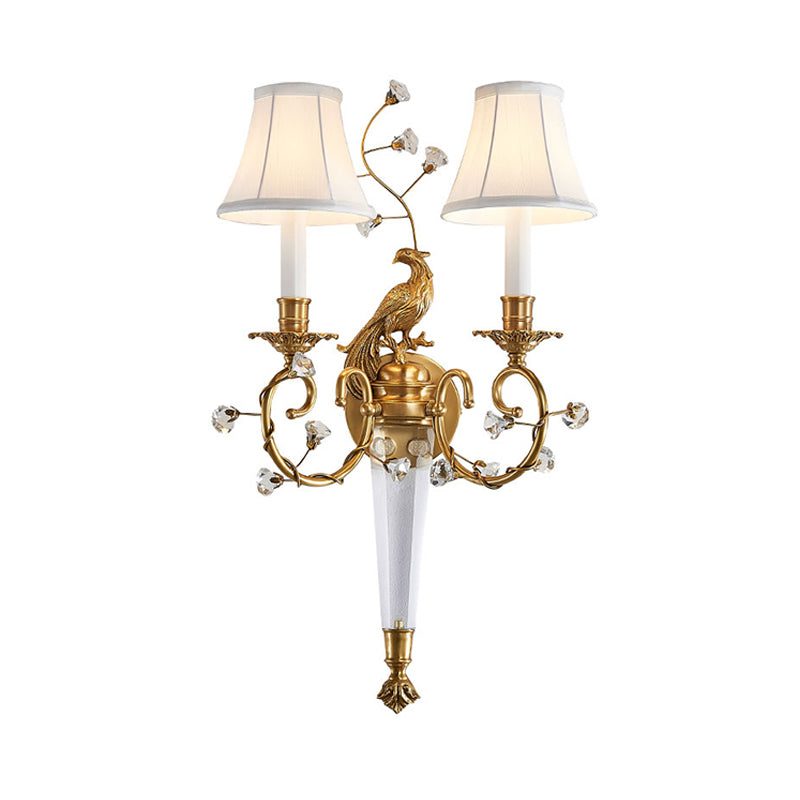 2 Lights Tapered Wall Light Fixture Countryside Brass Fabric Sconce for Bedroom with Curved Arm Clearhalo 'Wall Lamps & Sconces' 'Wall Lights' Lighting' 332727