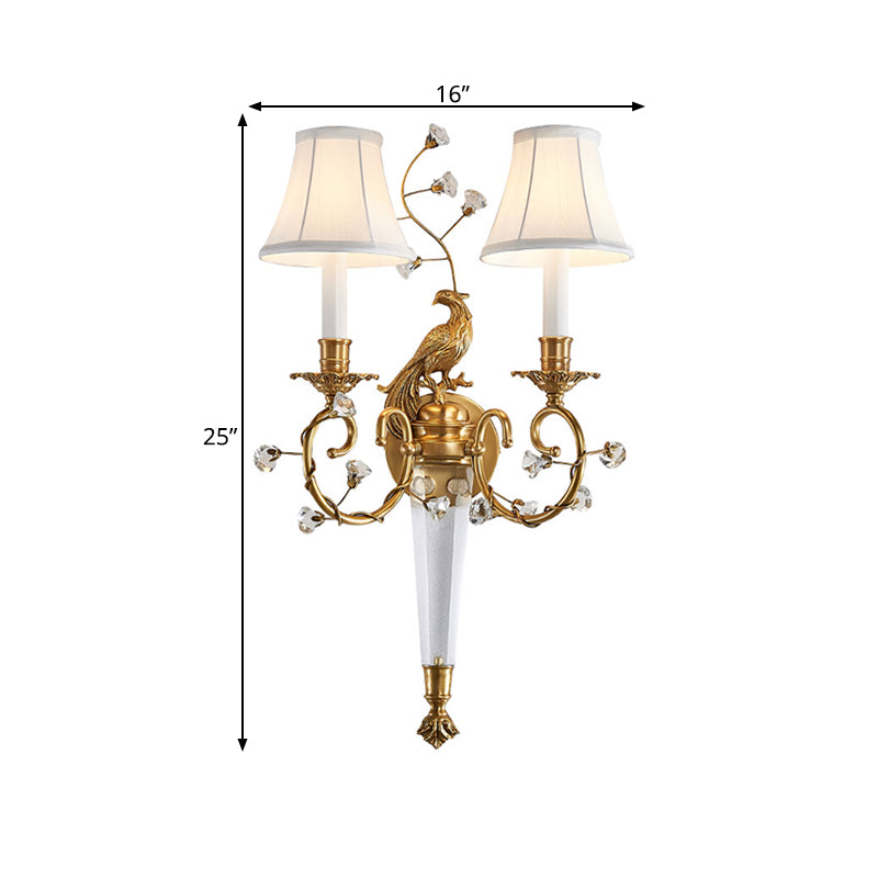 2 Lights Tapered Wall Light Fixture Countryside Brass Fabric Sconce for Bedroom with Curved Arm Clearhalo 'Wall Lamps & Sconces' 'Wall Lights' Lighting' 332728