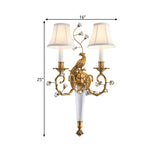 2 Lights Tapered Wall Light Fixture Countryside Brass Fabric Sconce for Bedroom with Curved Arm Clearhalo 'Wall Lamps & Sconces' 'Wall Lights' Lighting' 332728