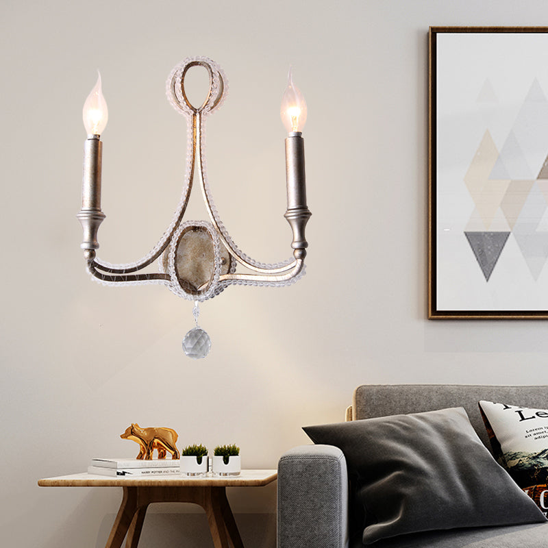 2 Lights Metallic Sconce Simple Aged Silver Candlestick Living Room Wall Lighting Idea Aged Silver Clearhalo 'Wall Lamps & Sconces' 'Wall Lights' Lighting' 332758