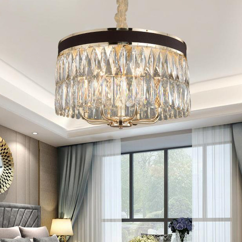 Modern Drum Hanging Chandelier Faceted Crystal 8 Bulbs Pendant Light Fixture in Black-Gold Black-Gold Clearhalo 'Ceiling Lights' 'Chandeliers' 'Modern Chandeliers' 'Modern' Lighting' 332769