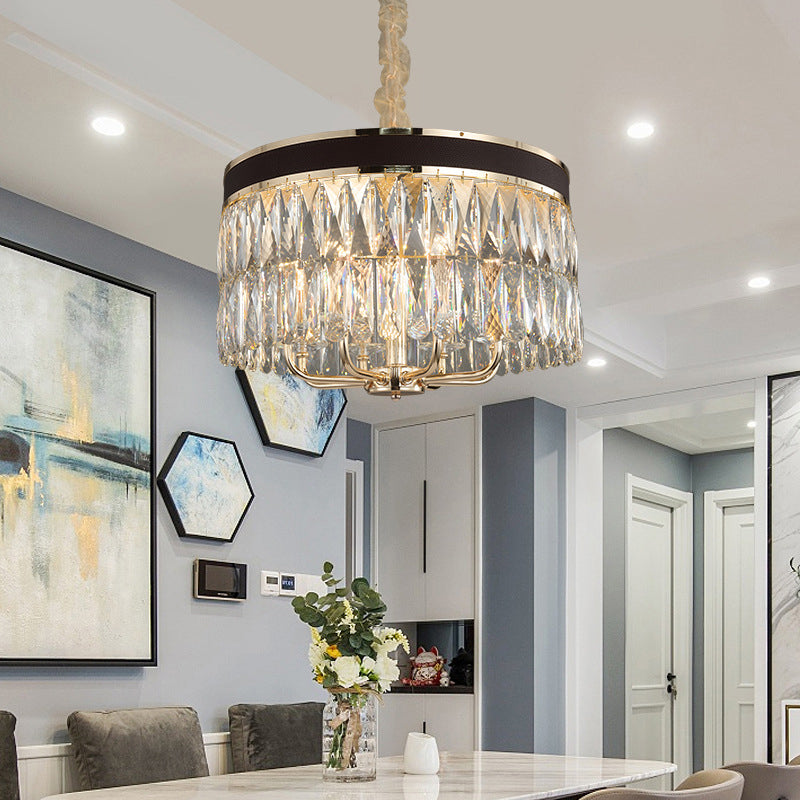 Modern Drum Hanging Chandelier Faceted Crystal 8 Bulbs Pendant Light Fixture in Black-Gold Clearhalo 'Ceiling Lights' 'Chandeliers' 'Modern Chandeliers' 'Modern' Lighting' 332771