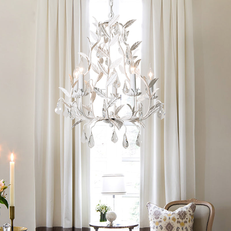 Metal Leaf Chandelier Lamp Modernism 5 Bulbs Grey/Distressed White Suspended Lighting Fixture with Crystal Drop Distressed White Clearhalo 'Ceiling Lights' 'Chandeliers' 'Modern Chandeliers' 'Modern' Lighting' 332787