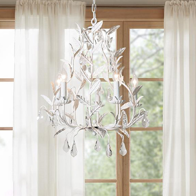 Metal Leaf Chandelier Lamp Modernism 5 Bulbs Grey/Distressed White Suspended Lighting Fixture with Crystal Drop Clearhalo 'Ceiling Lights' 'Chandeliers' 'Modern Chandeliers' 'Modern' Lighting' 332788