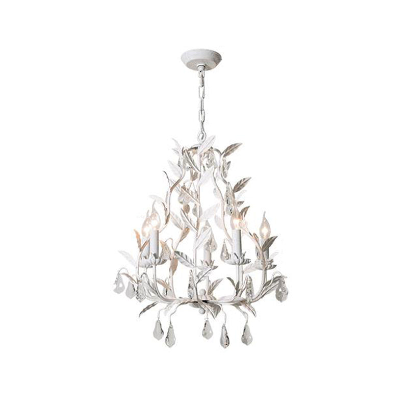 Metal Leaf Chandelier Lamp Modernism 5 Bulbs Grey/Distressed White Suspended Lighting Fixture with Crystal Drop Clearhalo 'Ceiling Lights' 'Chandeliers' 'Modern Chandeliers' 'Modern' Lighting' 332790