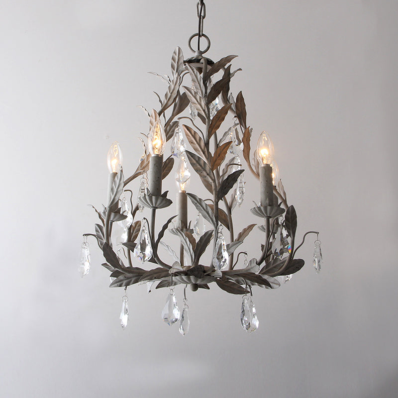 Metal Leaf Chandelier Lamp Modernism 5 Bulbs Grey/Distressed White Suspended Lighting Fixture with Crystal Drop Grey Clearhalo 'Ceiling Lights' 'Chandeliers' 'Modern Chandeliers' 'Modern' Lighting' 332793