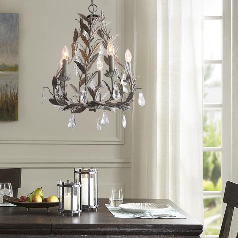 Metal Leaf Chandelier Lamp Modernism 5 Bulbs Grey/Distressed White Suspended Lighting Fixture with Crystal Drop Clearhalo 'Ceiling Lights' 'Chandeliers' 'Modern Chandeliers' 'Modern' Lighting' 332794