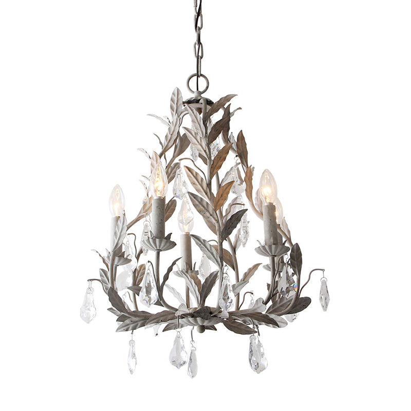 Metal Leaf Chandelier Lamp Modernism 5 Bulbs Grey/Distressed White Suspended Lighting Fixture with Crystal Drop Clearhalo 'Ceiling Lights' 'Chandeliers' 'Modern Chandeliers' 'Modern' Lighting' 332795