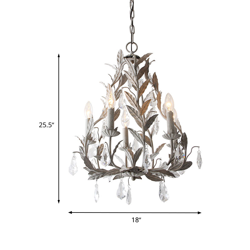 Metal Leaf Chandelier Lamp Modernism 5 Bulbs Grey/Distressed White Suspended Lighting Fixture with Crystal Drop Clearhalo 'Ceiling Lights' 'Chandeliers' 'Modern Chandeliers' 'Modern' Lighting' 332796