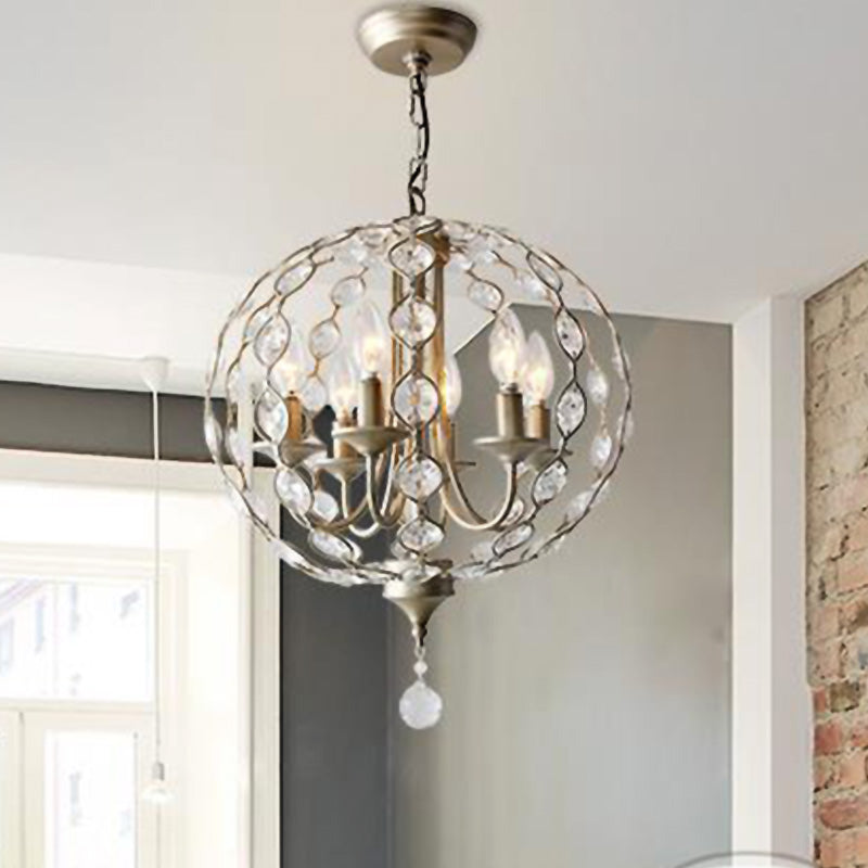 Aged Silver Spherical Chandelier Lighting Traditional 6 Heads Crystal Pendant Light Fixture with Adjustable Metal Chain Clearhalo 'Ceiling Lights' 'Chandeliers' Lighting' options 332835