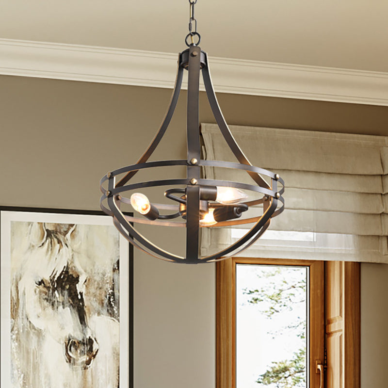 3 Heads Foyer Hanging Chandelier Light Vintage Style Black Pendant Lamp with Bowl Cage Metallic Shade Clearhalo 'Ceiling Lights' 'Chandeliers' Lighting' options 332852
