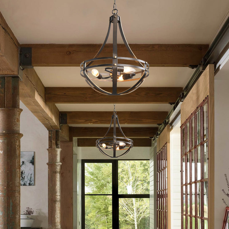 3 Heads Foyer Hanging Chandelier Light Vintage Style Black Pendant Lamp with Bowl Cage Metallic Shade Clearhalo 'Ceiling Lights' 'Chandeliers' Lighting' options 332854