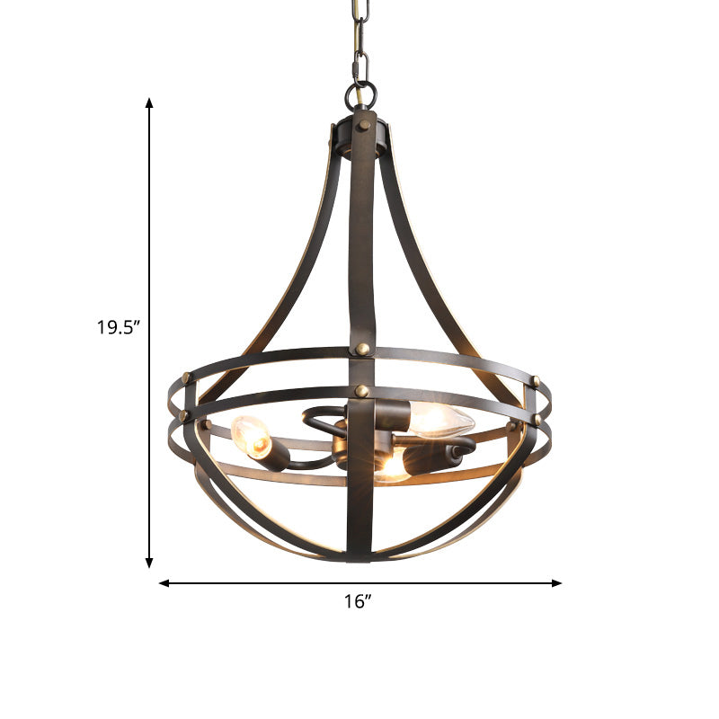 3 Heads Foyer Hanging Chandelier Light Vintage Style Black Pendant Lamp with Bowl Cage Metallic Shade Clearhalo 'Ceiling Lights' 'Chandeliers' Lighting' options 332856