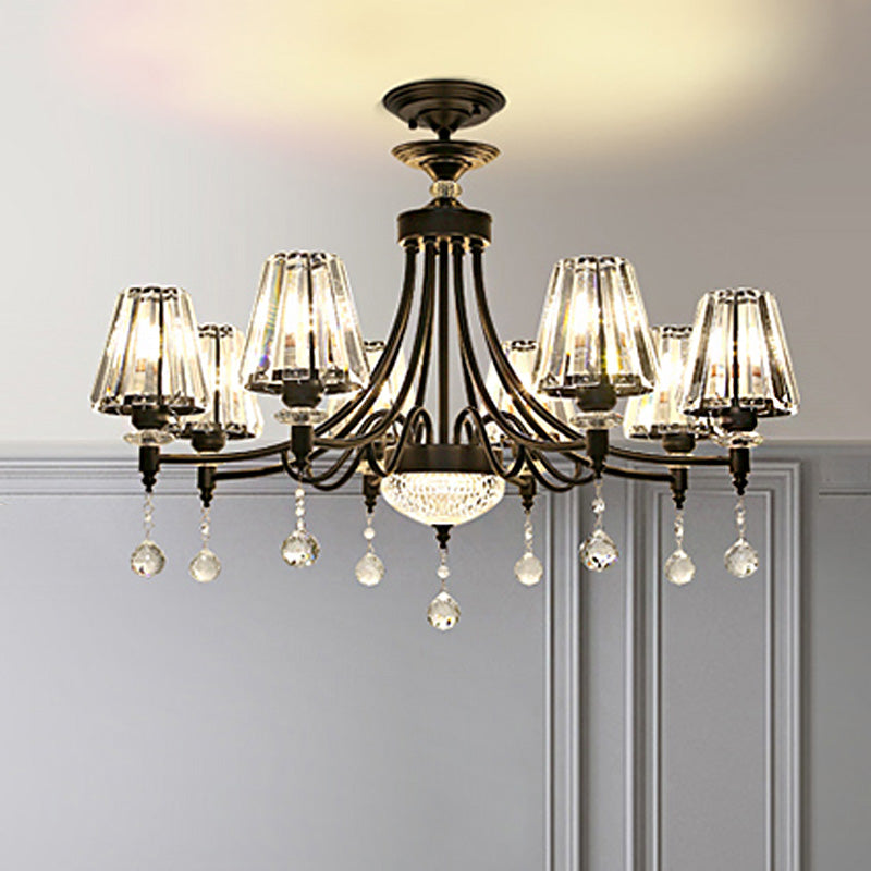 Tapered Ceiling Chandelier Modern Cut Crystal 3/6/8 Heads 23.5"/29.5"34.5" Wide Black Pendant Light Kit Black 34.5" Clearhalo 'Ceiling Lights' 'Chandeliers' 'Modern Chandeliers' 'Modern' Lighting' 332875